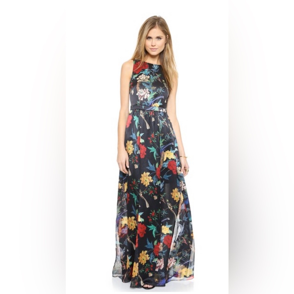 Alice + Olivia Elis Black Floral Print Silk Maxi Dress EUC Size 8